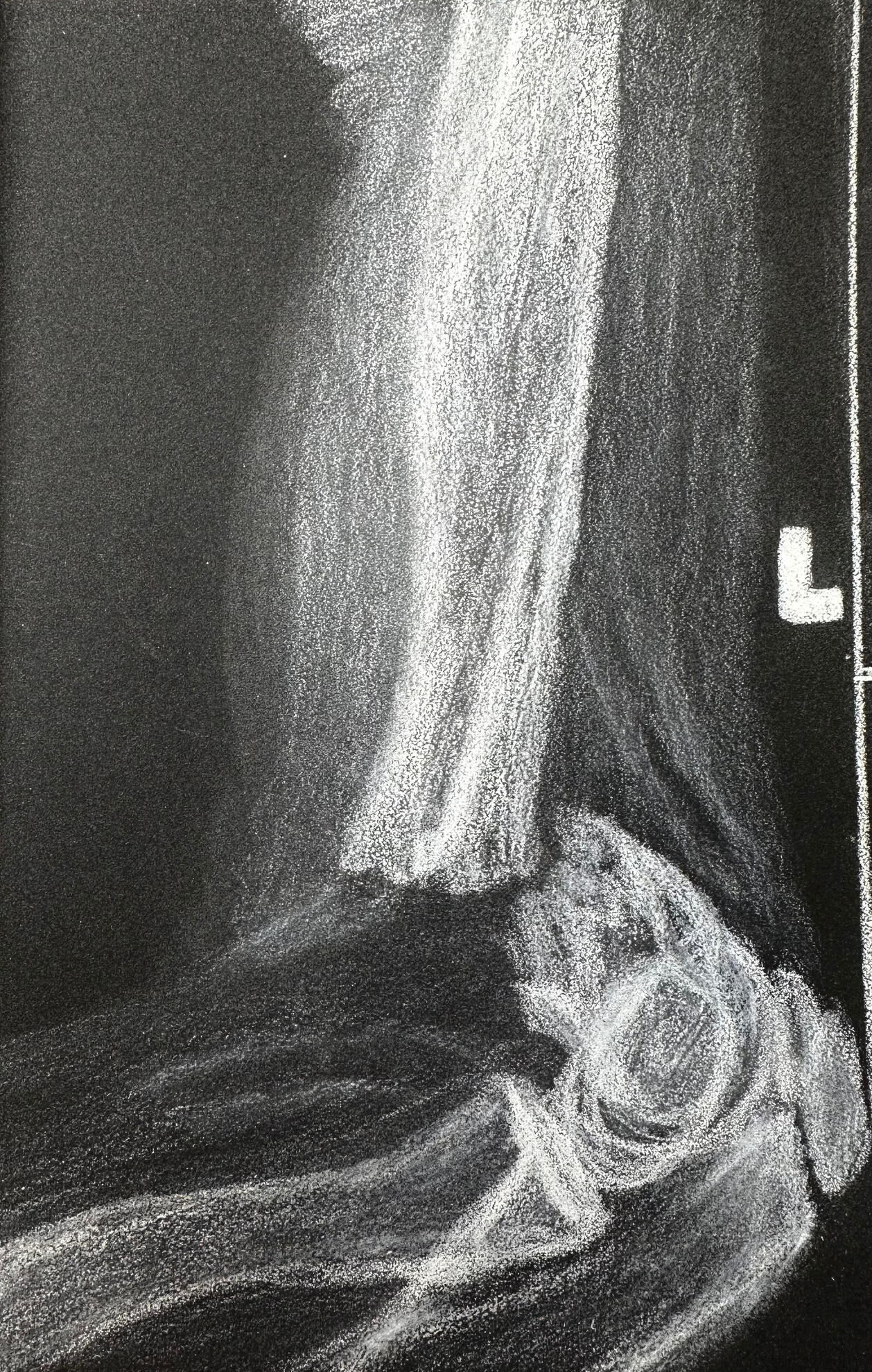 My Worst Nightmare Didn’t Come To Pass | White Pencil on Pastel Mat | 2025: A visual of my over-active imagination when my toddler fell down three steps. He turned out fine.